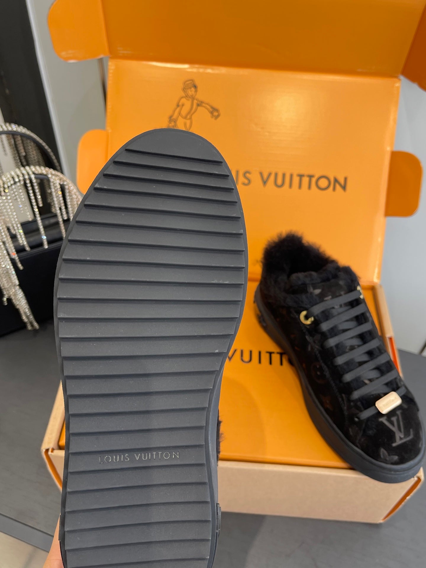 LV Time Out Sneaker 40mm Black Monogram Suede Fleece Lined 533471