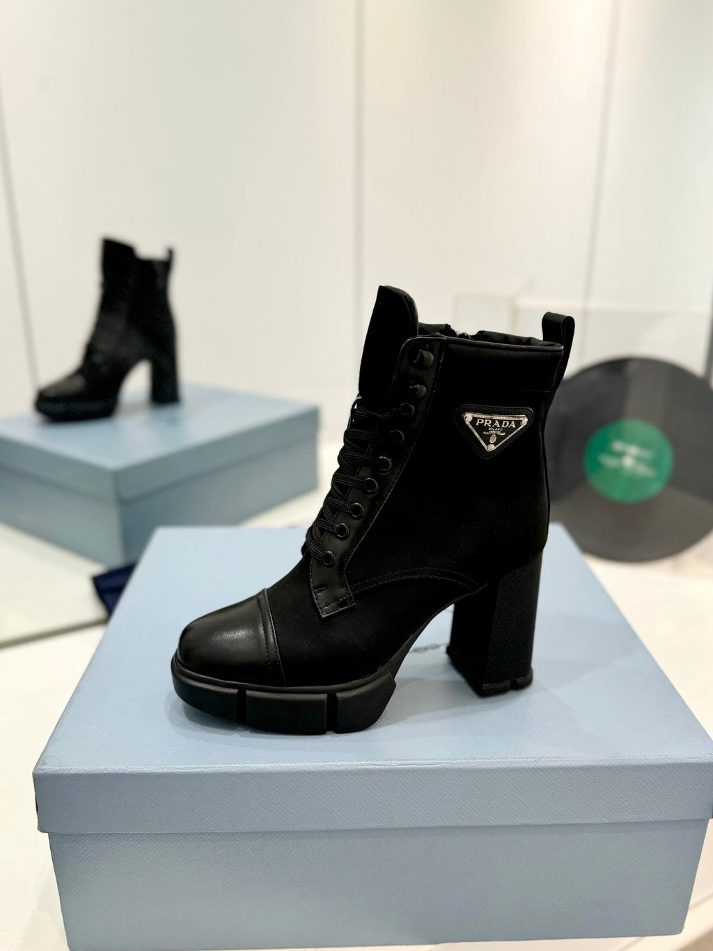 PRA RE-NYLON AND LEATHER BOOTIES BLACK