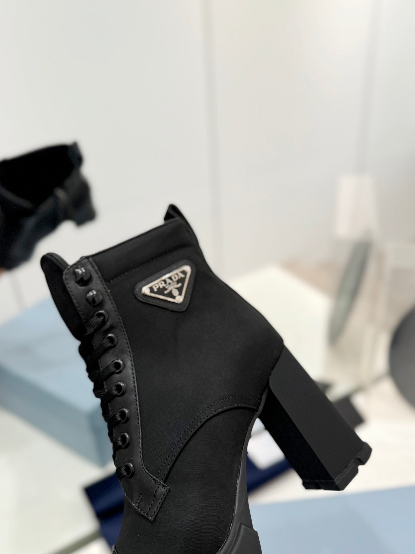 PRA RE-NYLON AND LEATHER BOOTIES BLACK