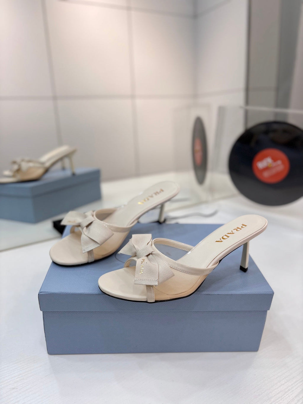 Prada Mesh 7.5cm Beige Fabric Mules 834604