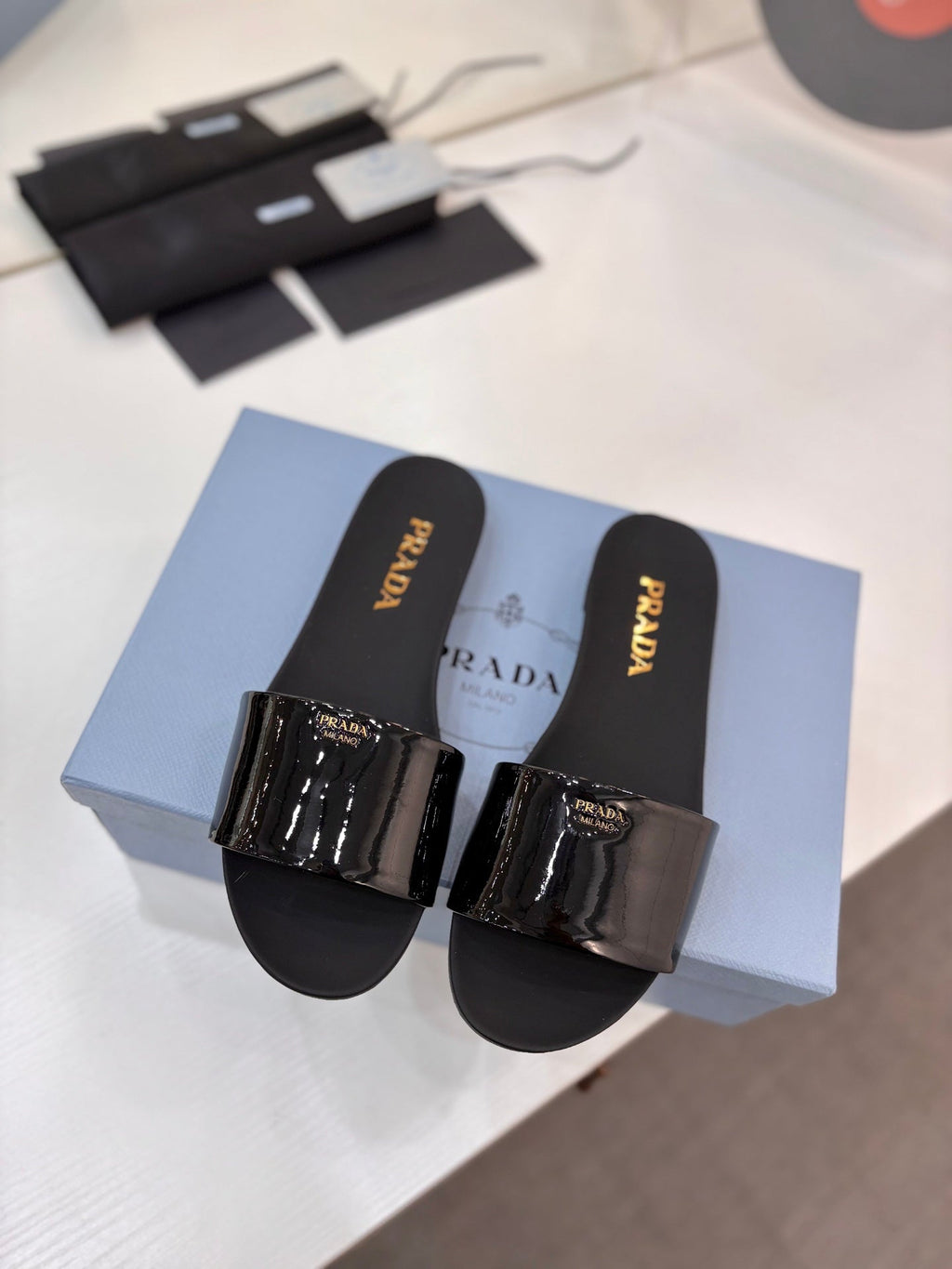 Prada Slides Black Patent Leather 834596
