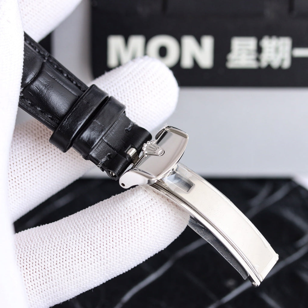 Rolex Cellini 39mm Silver Black Leather