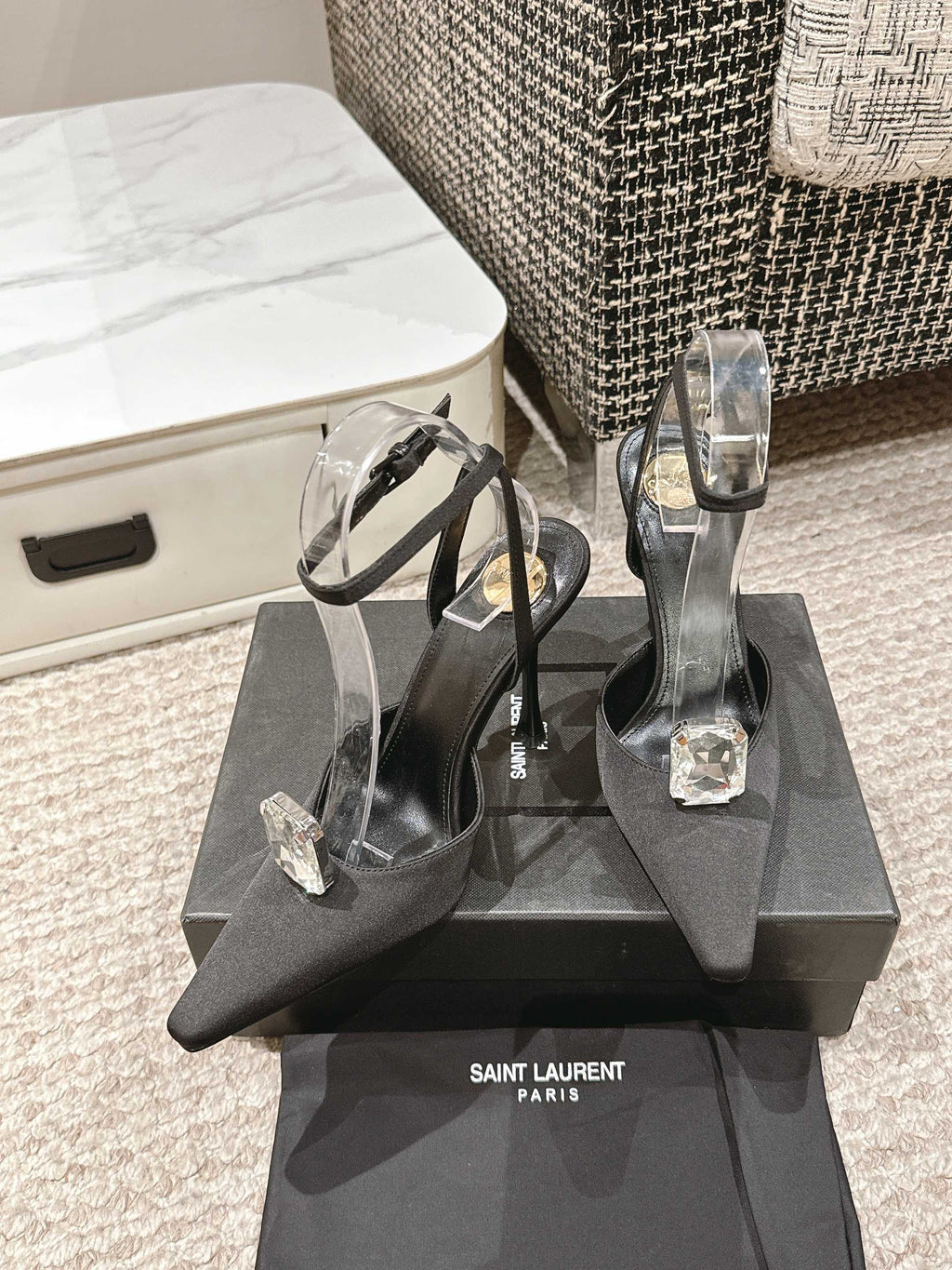 AIMÉE HIGH 75 MM SLINGBACK PUMPS IN BLACK SATIN WITH CRYSTAL