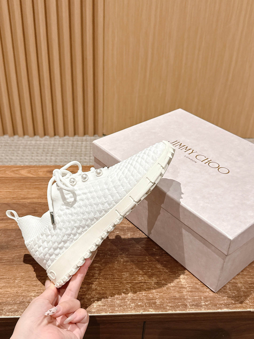 Jimmy Pearl - Embellished Sneakers White Textured Knit 400160