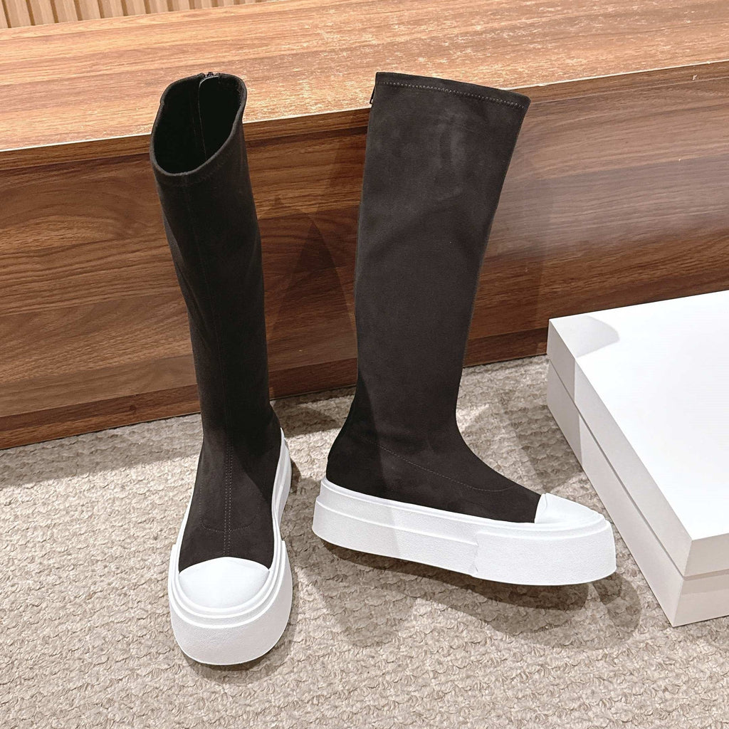 The Row Thick-soled Classic Knee-high Boots Black White Suede 444173