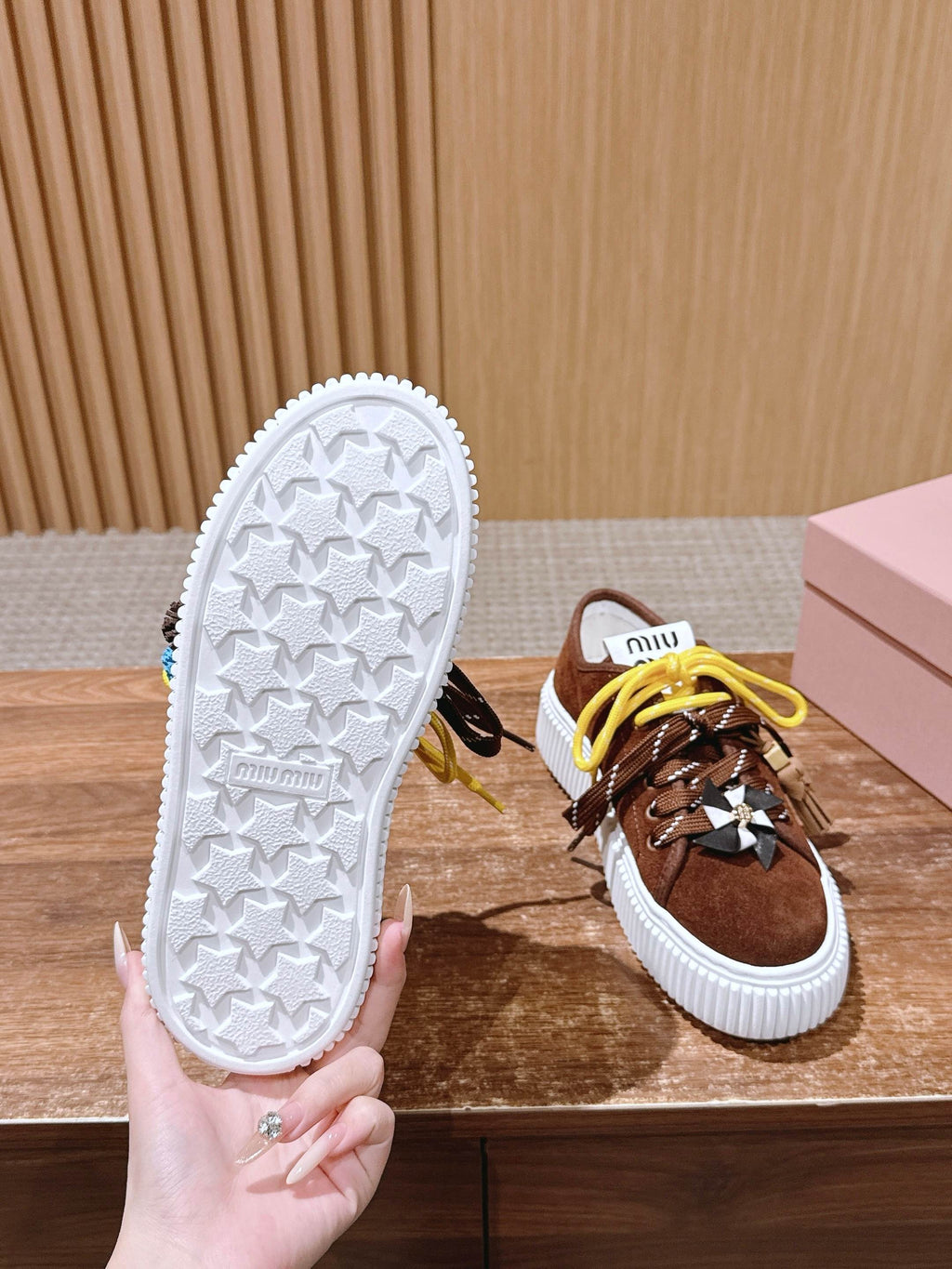 Miumiu 25 Platform Sneakers Brown Yellow Suede Wool 553691