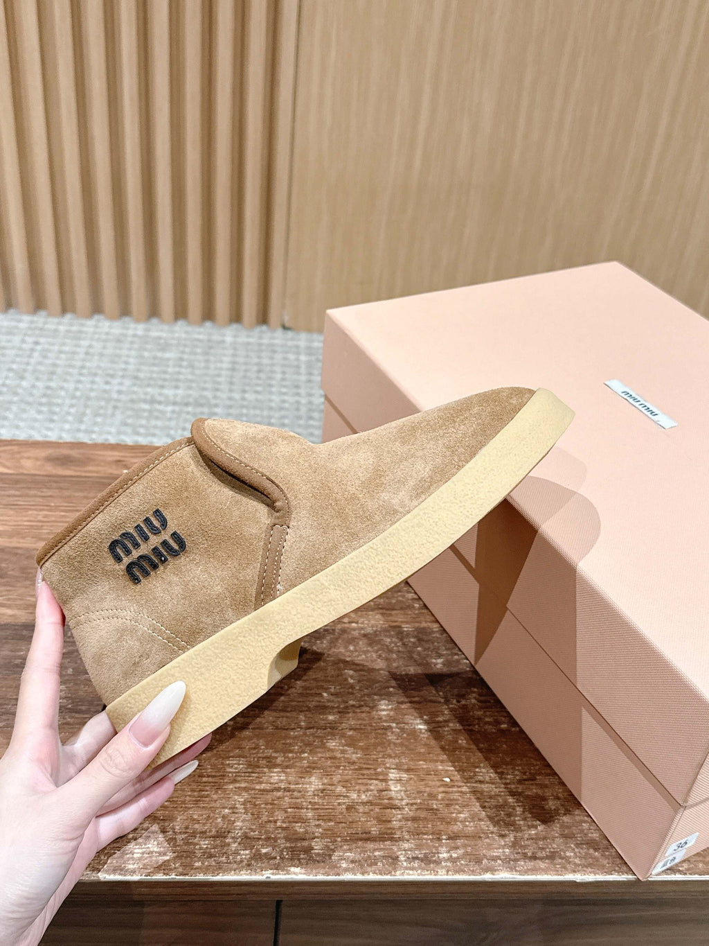 Miumiu 25 Slip-on Boot Light Brown Mix White Suede Wool 553706