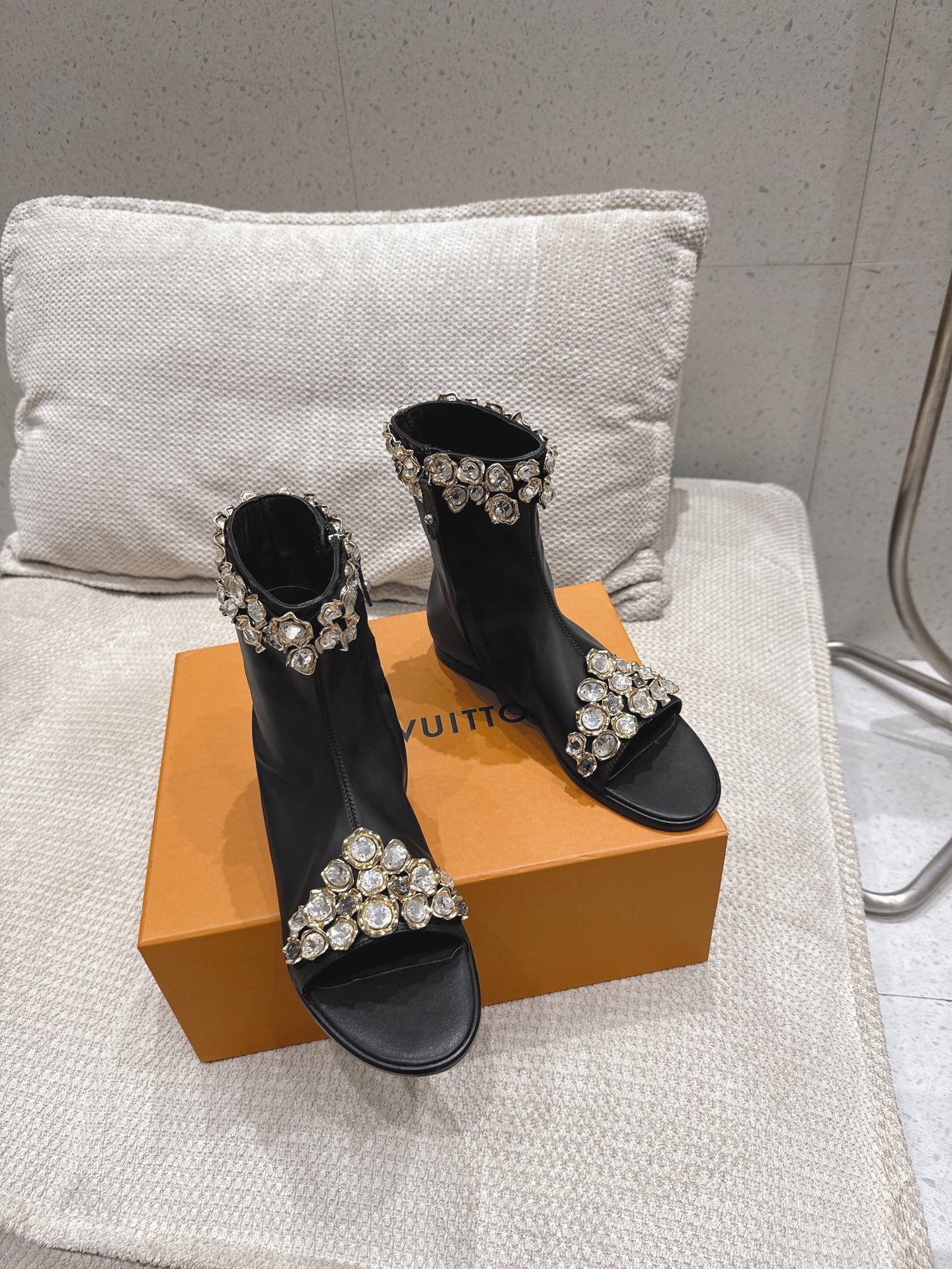 LV Talisman Open Toe Ankle Boot Black Lambskin 849384