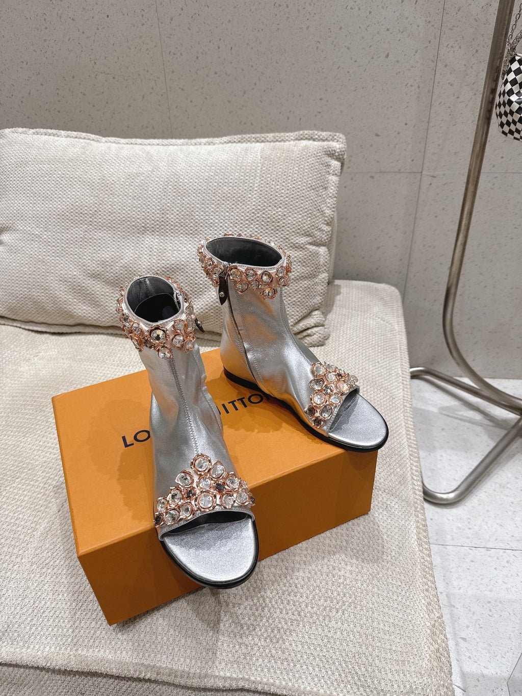 LV Talisman Open Toe Ankle Boot Sliver Lambskin 849385