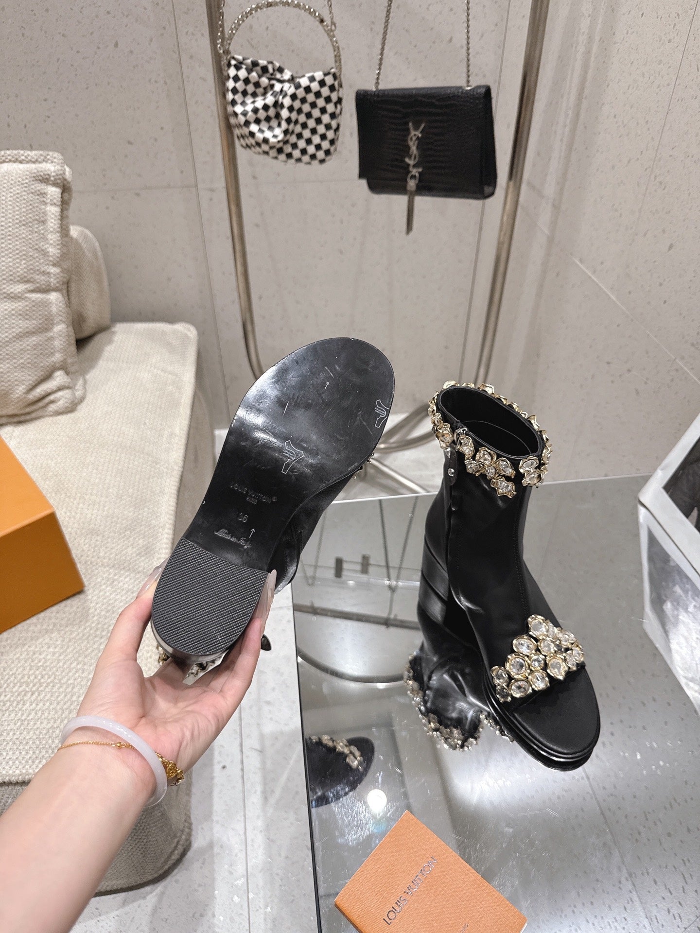 LV Talisman Open Toe Ankle Boot Black Lambskin 849386