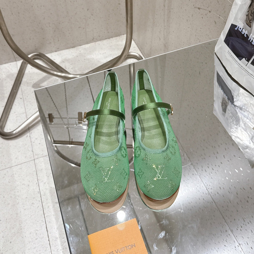 LV 26s Romy Flat Ballerina Green Mesh 849376