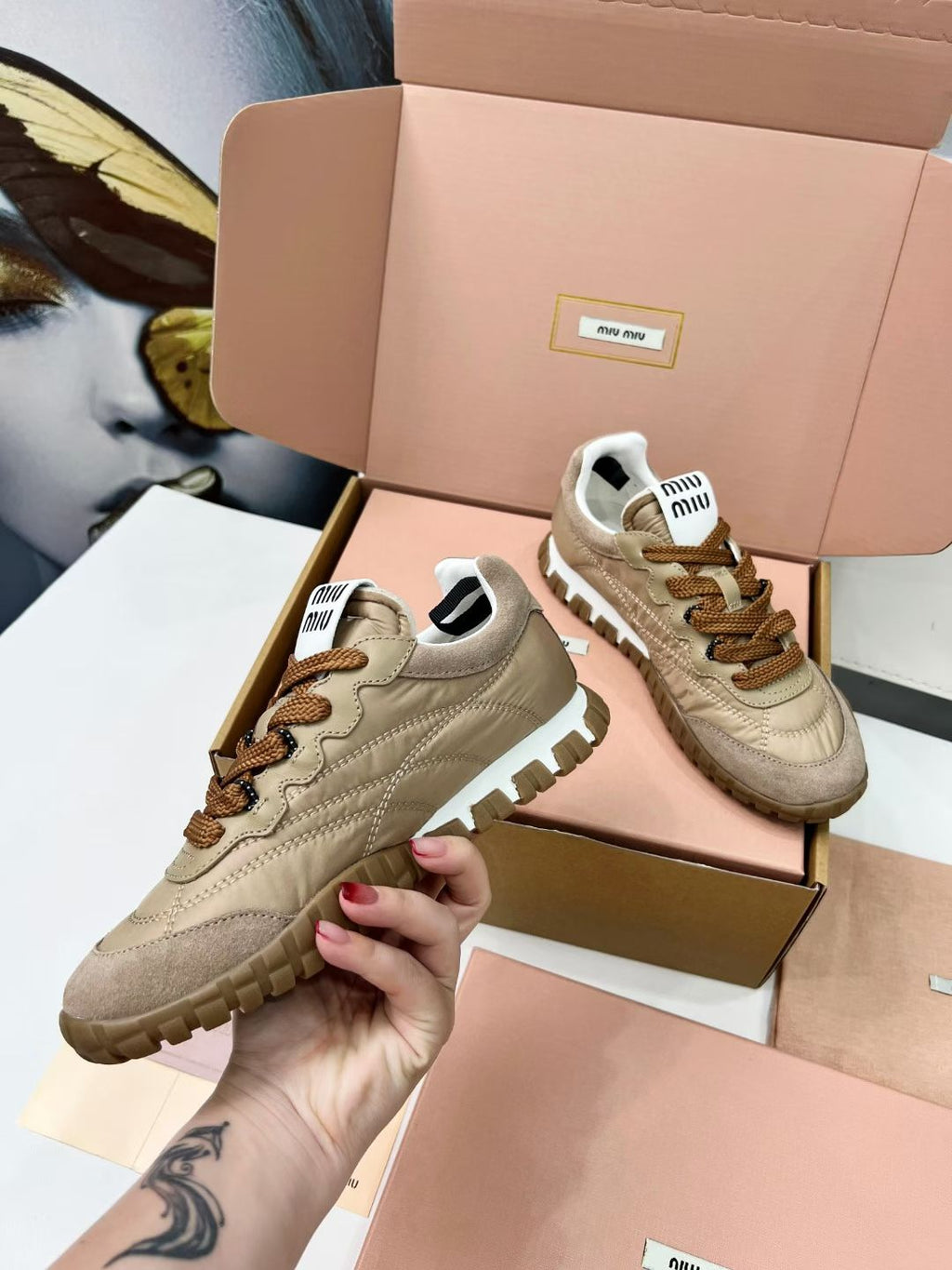 Miu TYRE Sneakers Brown Suede Technical Fabric 456327