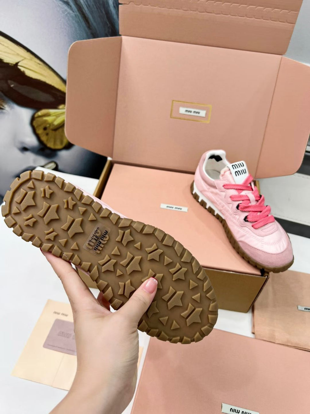 Miu TYRE Sneakers Pink Brown Suede Technical Fabric 456328