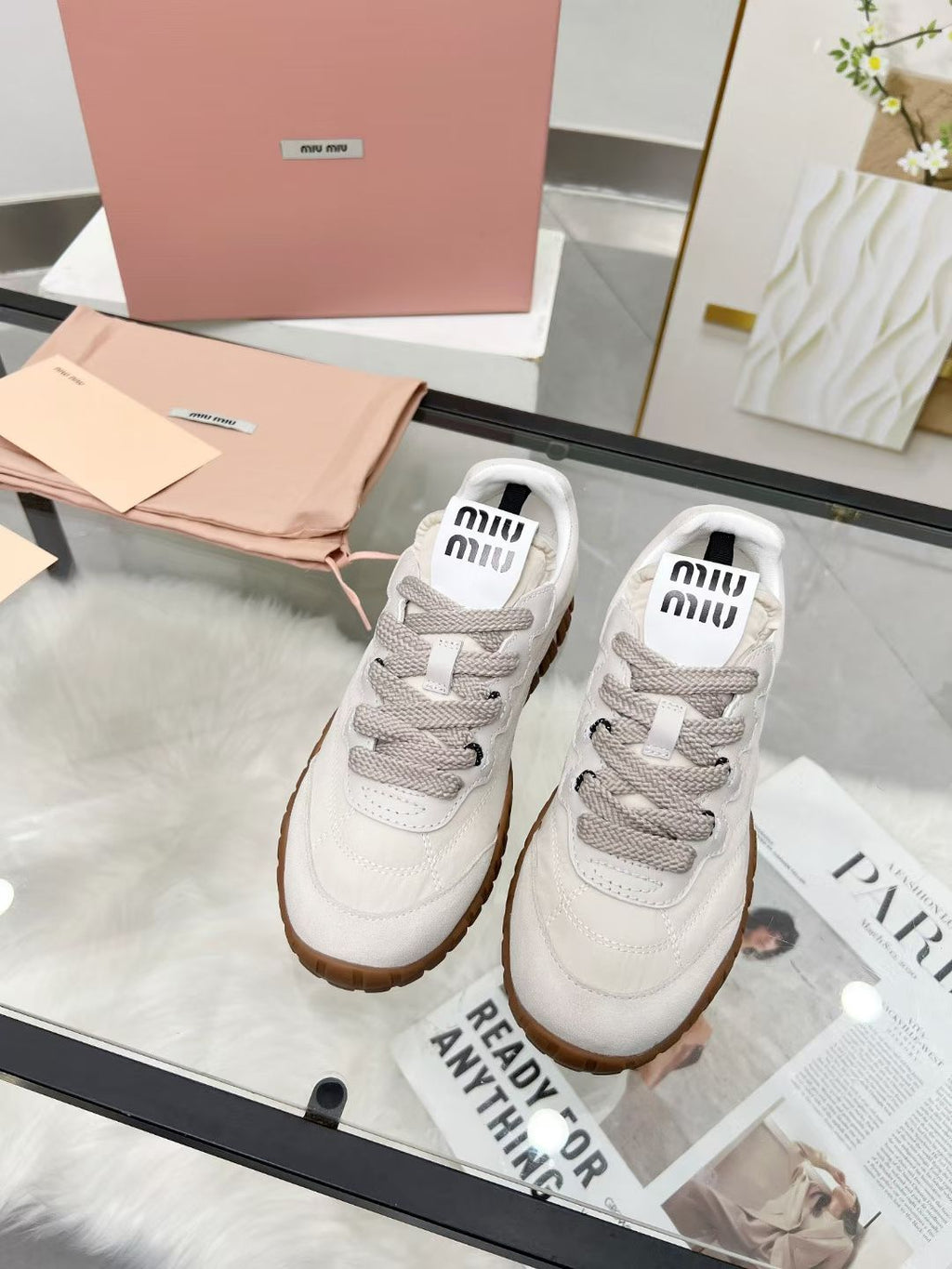 Miu TYRE Sneakers White Suede Technical Fabric 456329