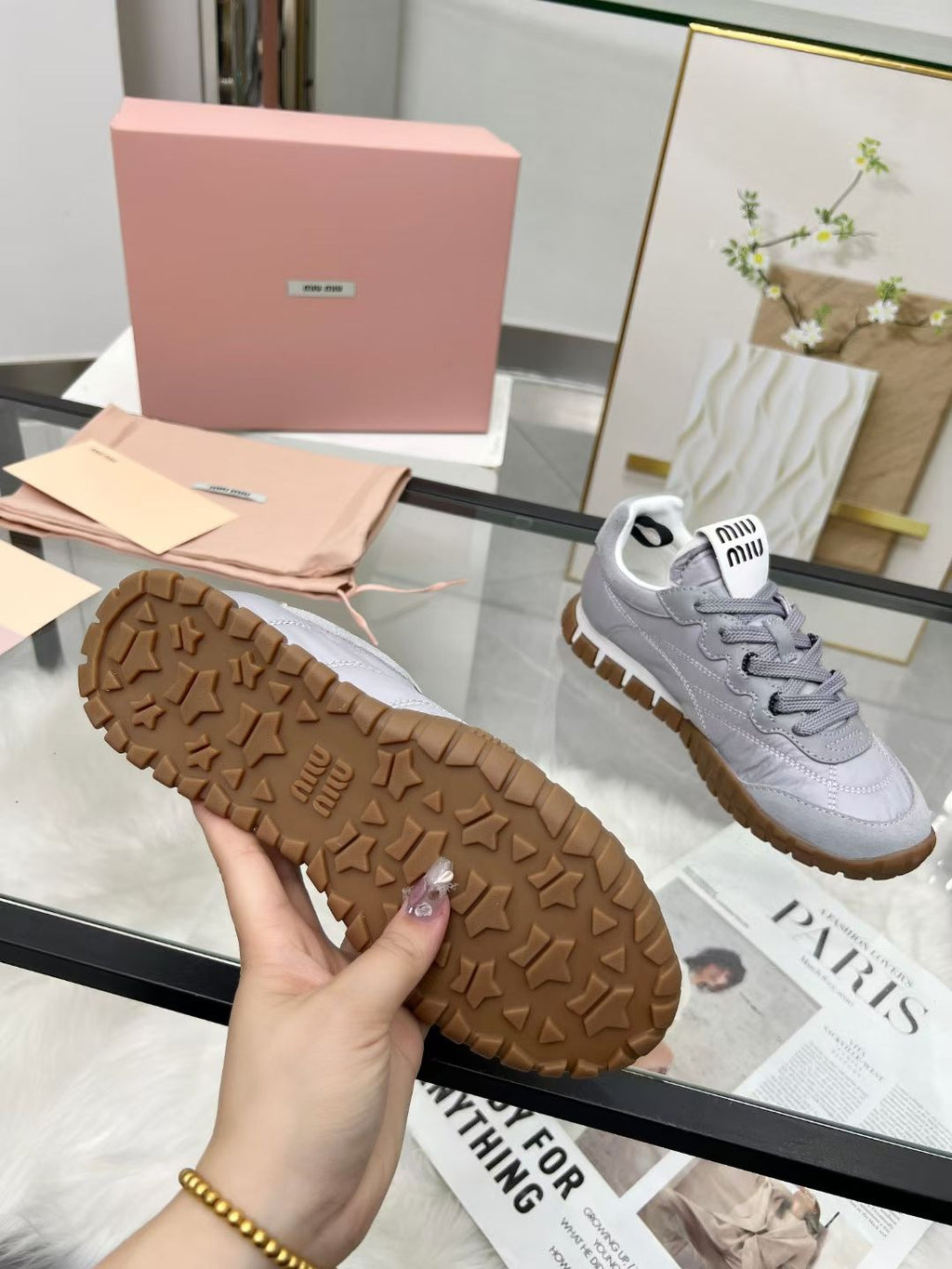 Miu TYRE Sneakers Grey Suede Technical Fabric 456330