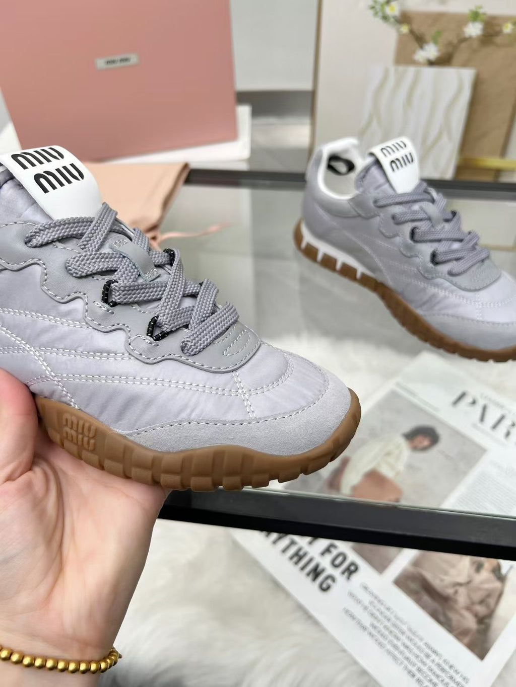 Miu TYRE Sneakers Grey Suede Technical Fabric 456330
