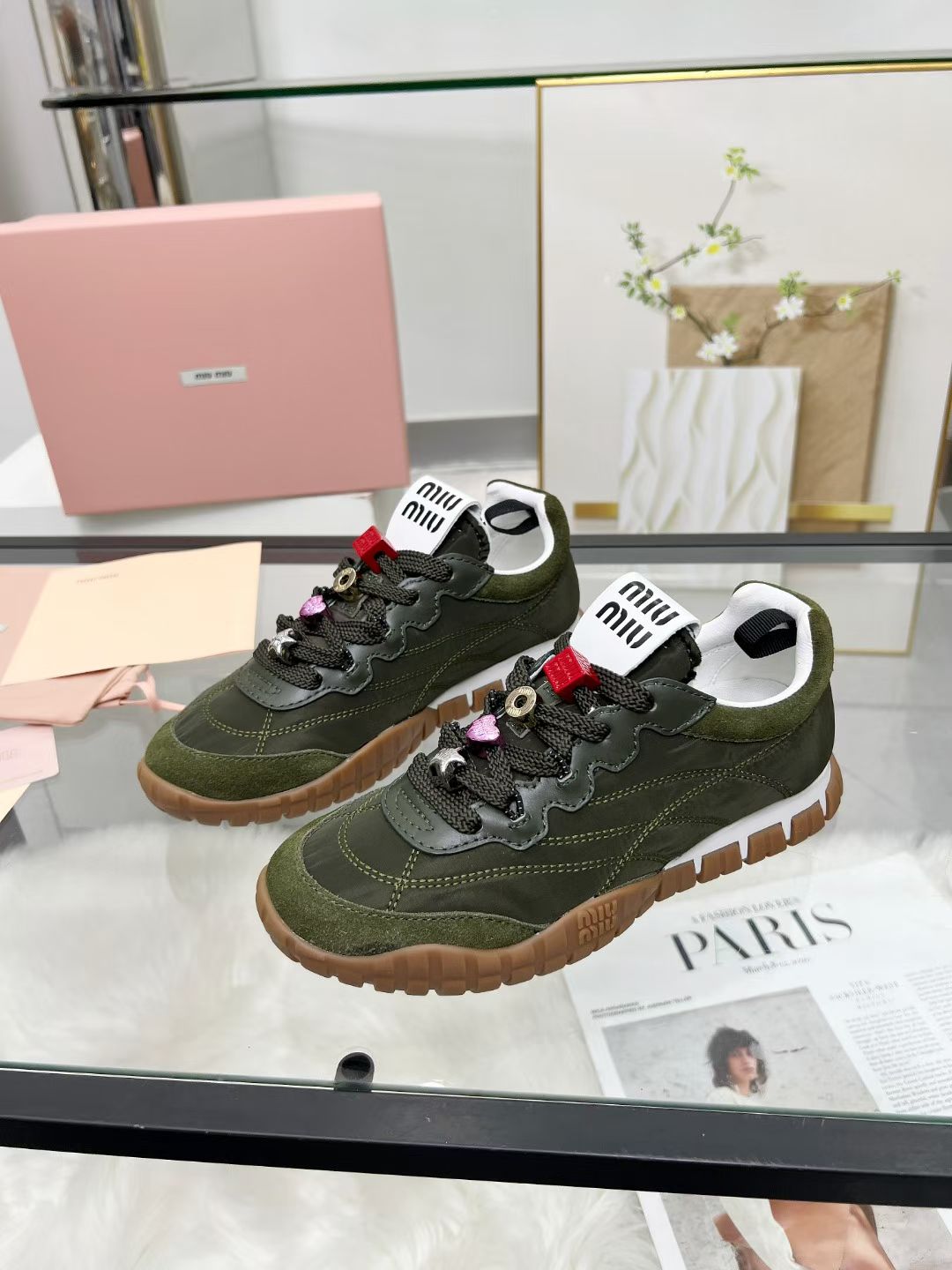 Miu TYRE Sneakers with Decorative Buckle Olive Green Suede Technical Fabric 456336