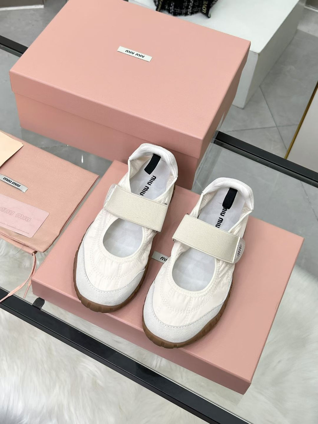Miu Tyre Ballerina Shoes White Suede Fabric 456343
