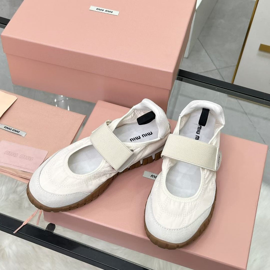 Miu Tyre Ballerina Shoes White Suede Fabric 456343