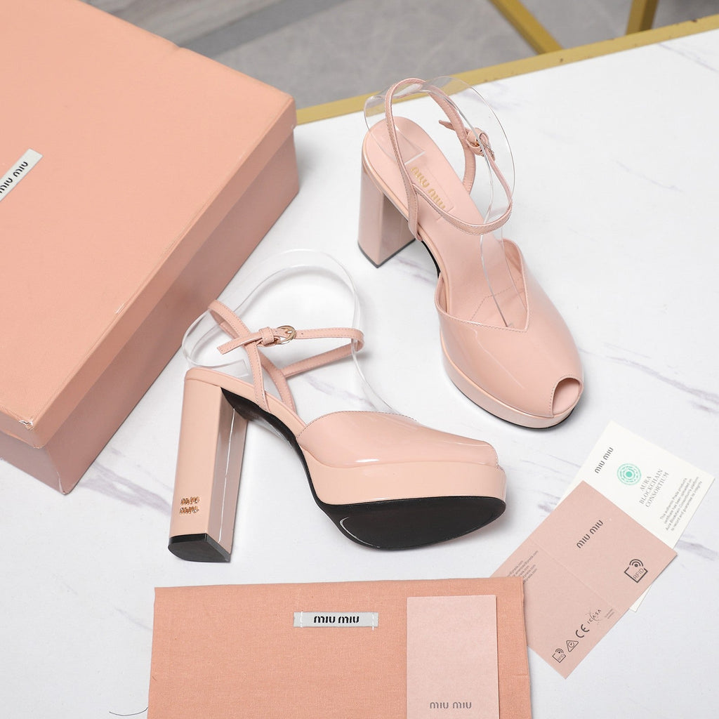 Miu Block-Heel Platform Sandals 125mm Muted Pink Patent Leather 504177