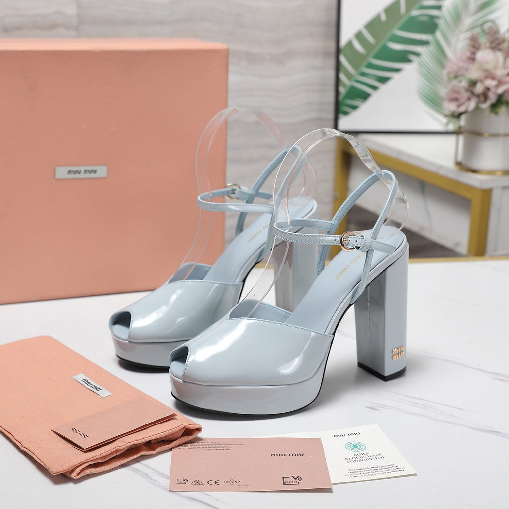 Miu Block-Heel Platform Sandals 125mm Light Steel Blue Patent Leather 504176