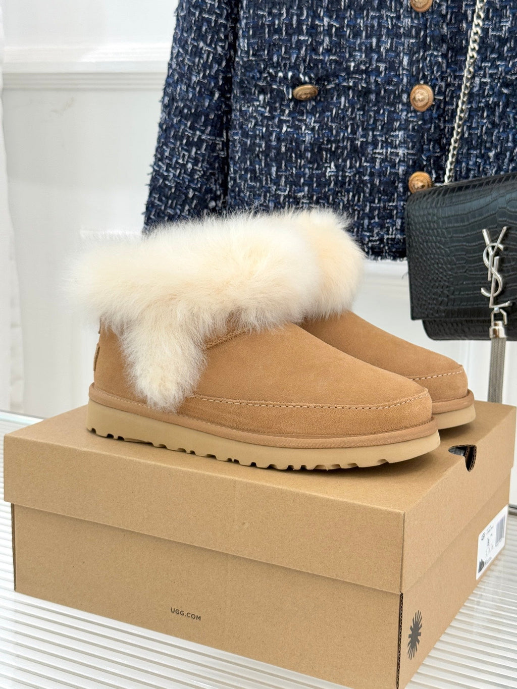 UGG Classic Ultra Mini Chalet Boots Warm Brown Suede Sheepskin Cuff 517488