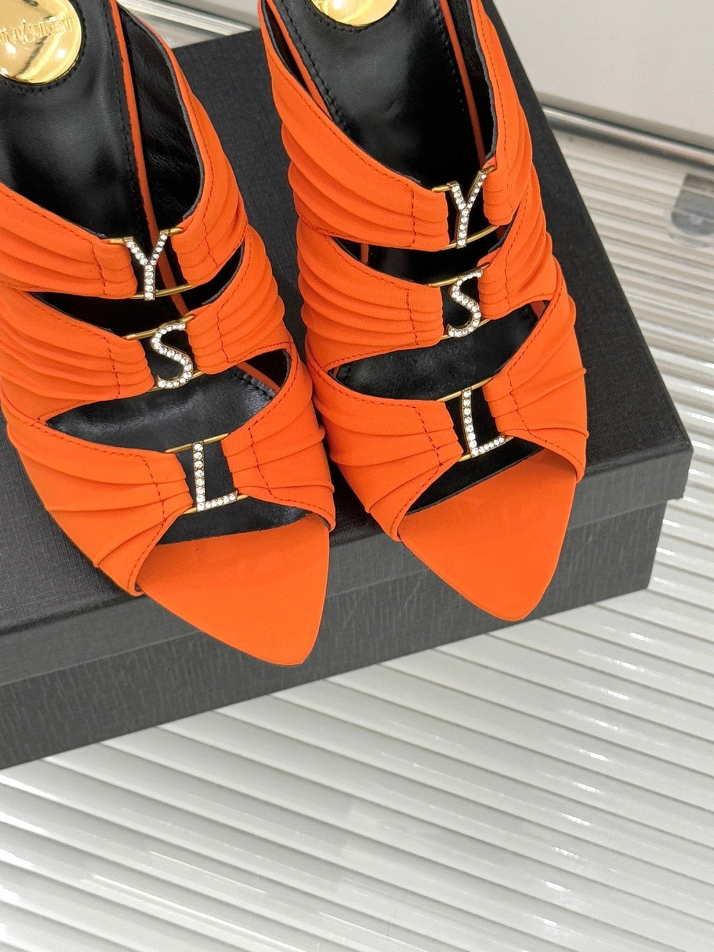 YSL Emilie Stiletto Mule Sandals 11cm Orange Satin 642913