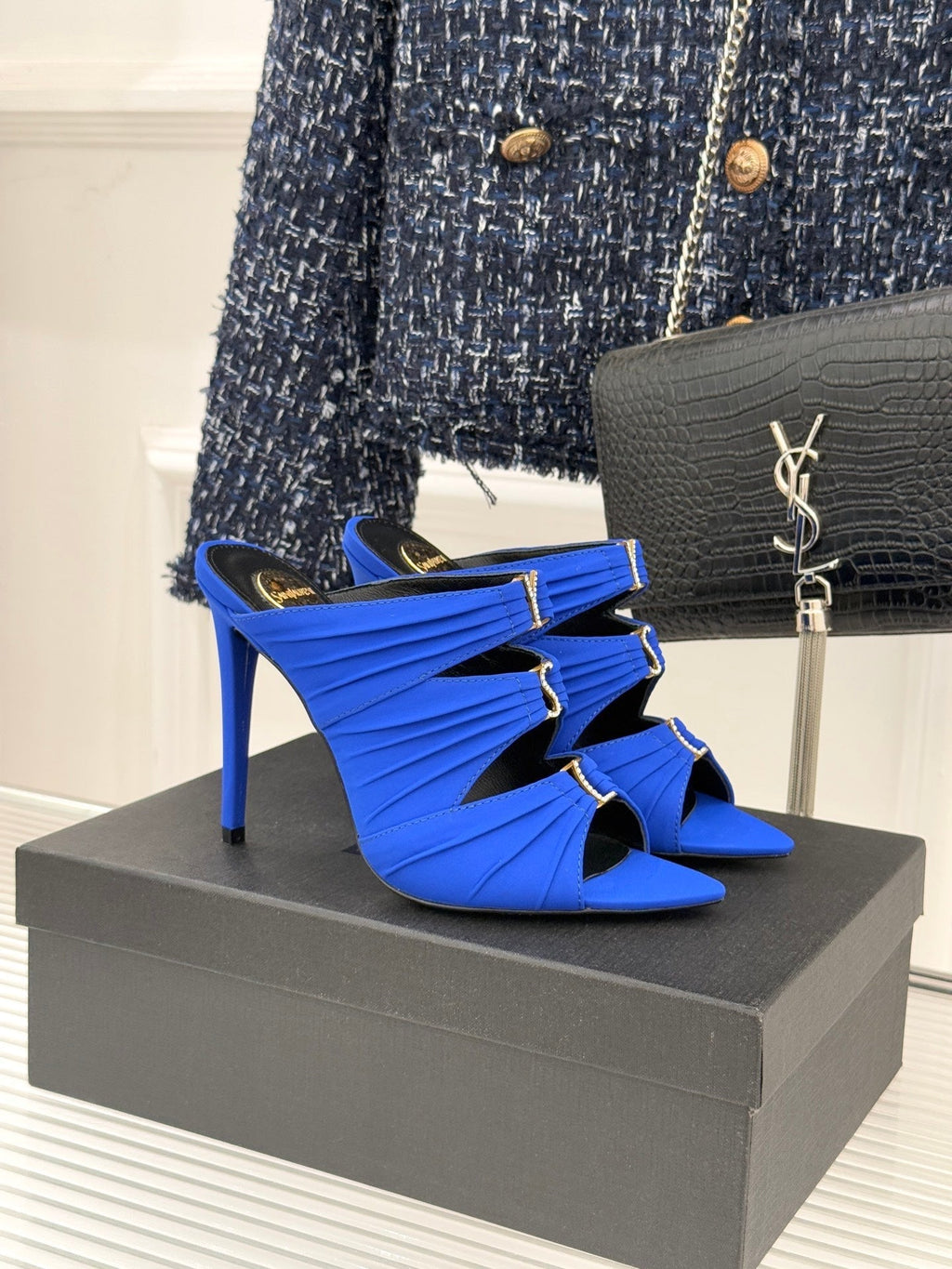 YSL Emilie Stiletto Mule Sandals 11cm Blue Satin 642915