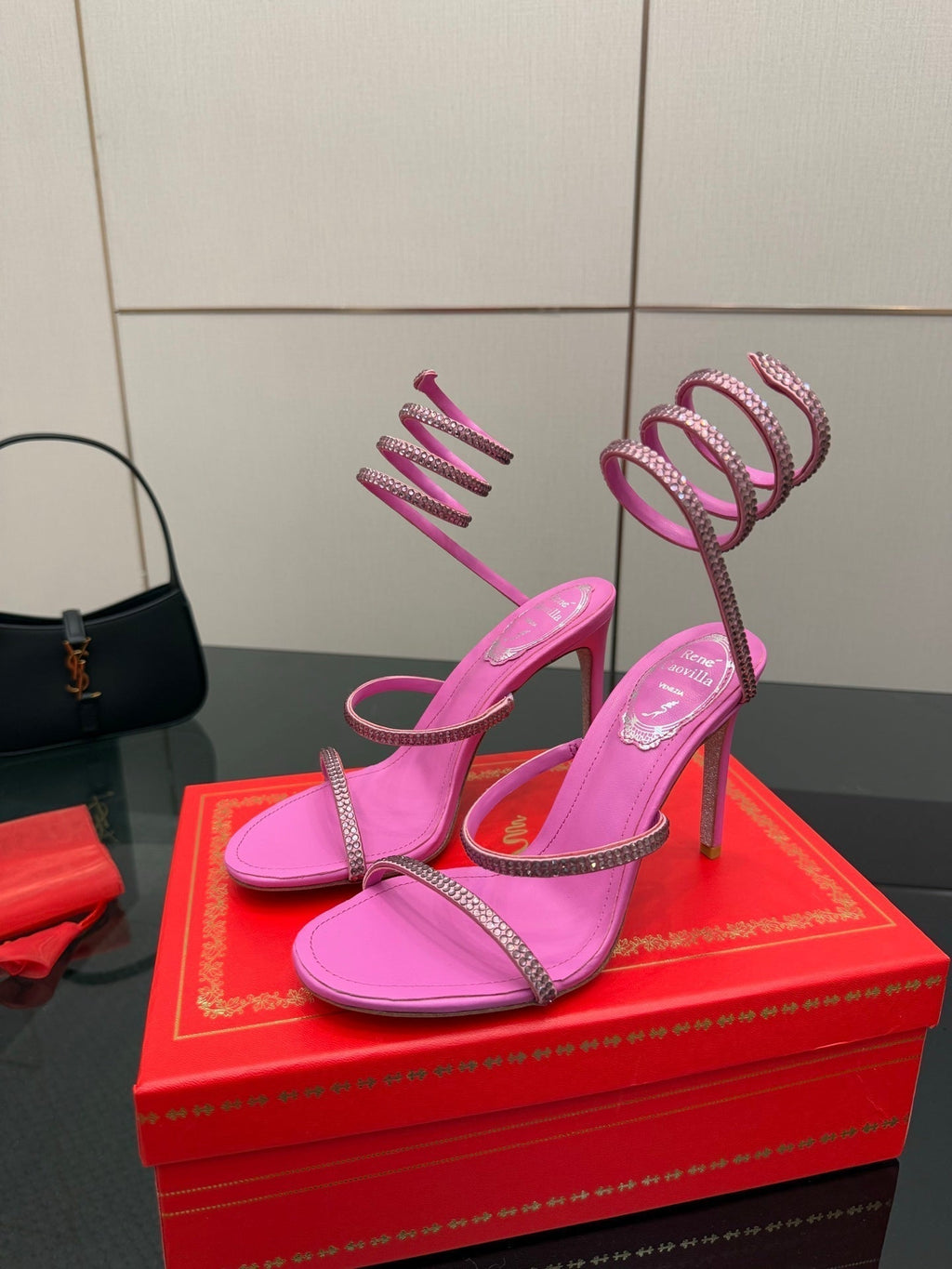 RC Sandals 9.5cm Dark Pink Silk Creole Crystal Diamond 302607
