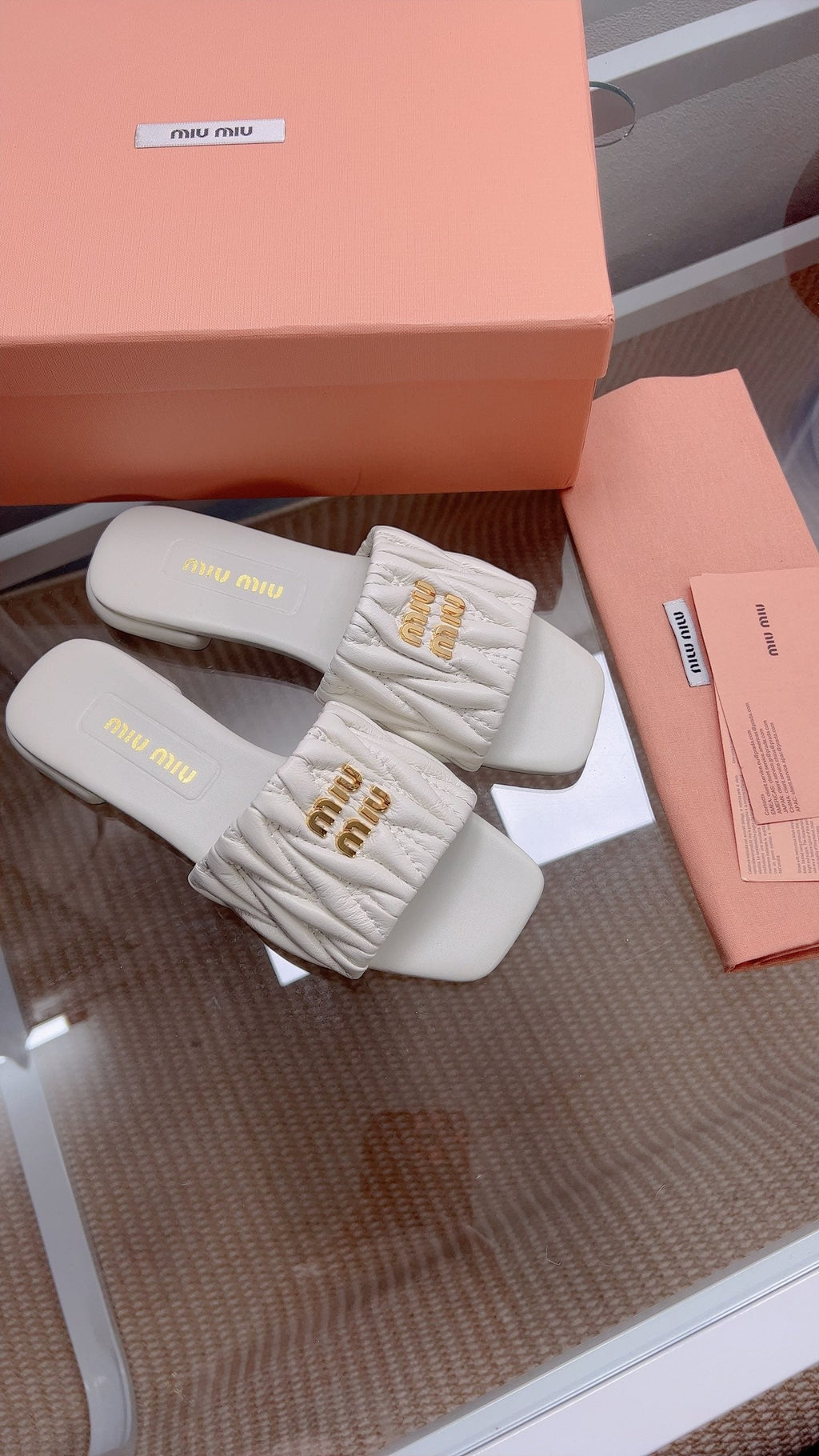 Miu Matelassé Slides Light Grey Leather 739555