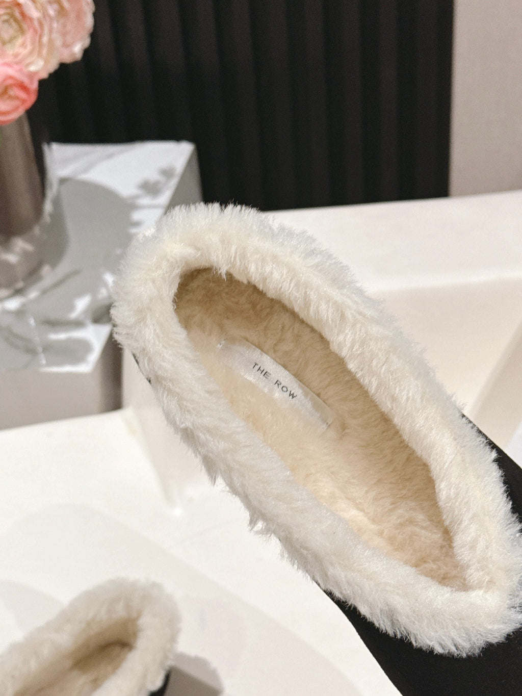 The Row 2025 Fur-lined Flat Shoe Black mix White Suede Wool 560505