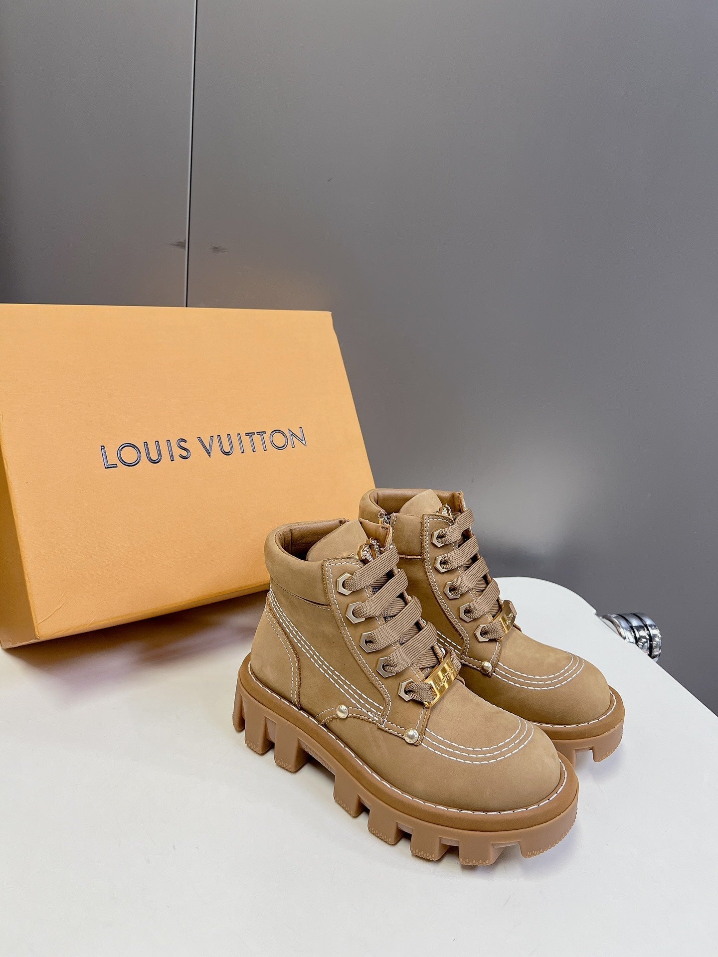 LV Checker Ankle Boots Brown Suede