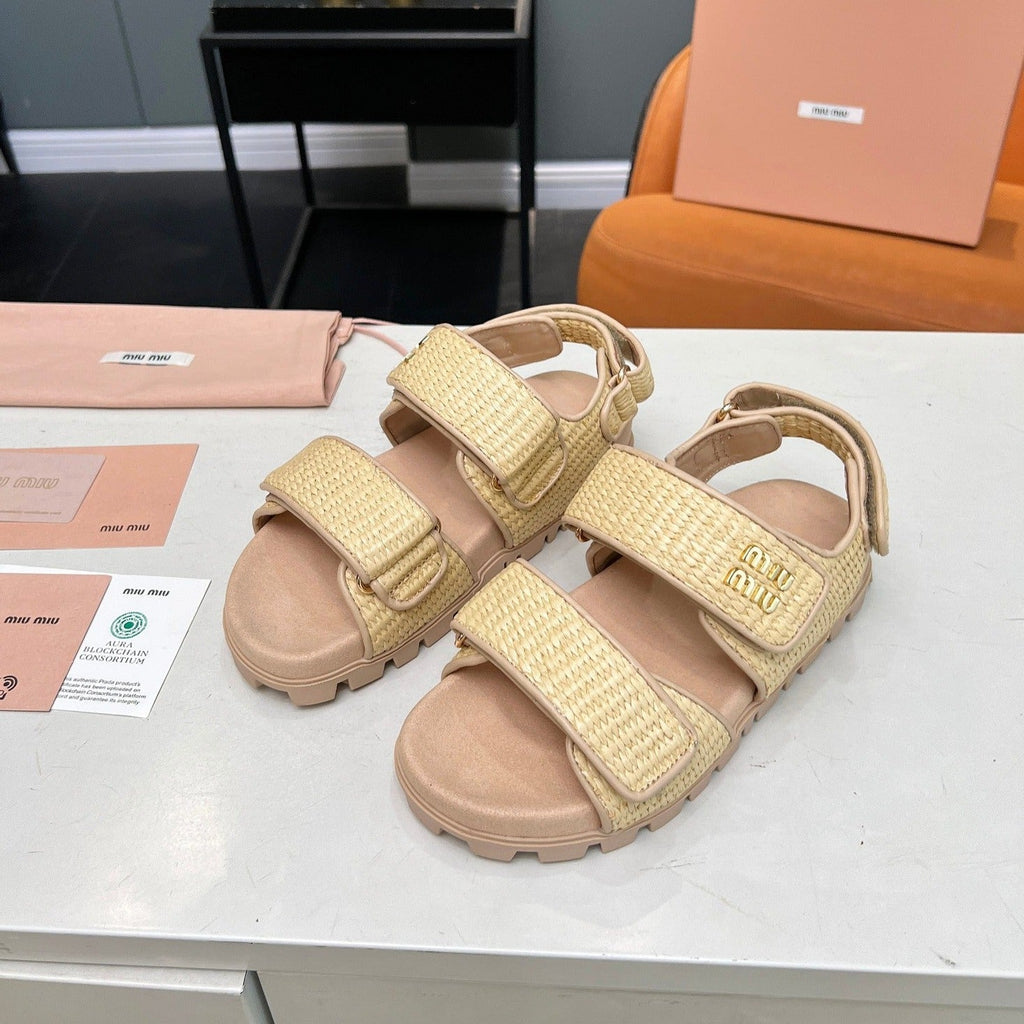 Miu Sandals Champagne Sheepskin With 2 Horizontal Straps