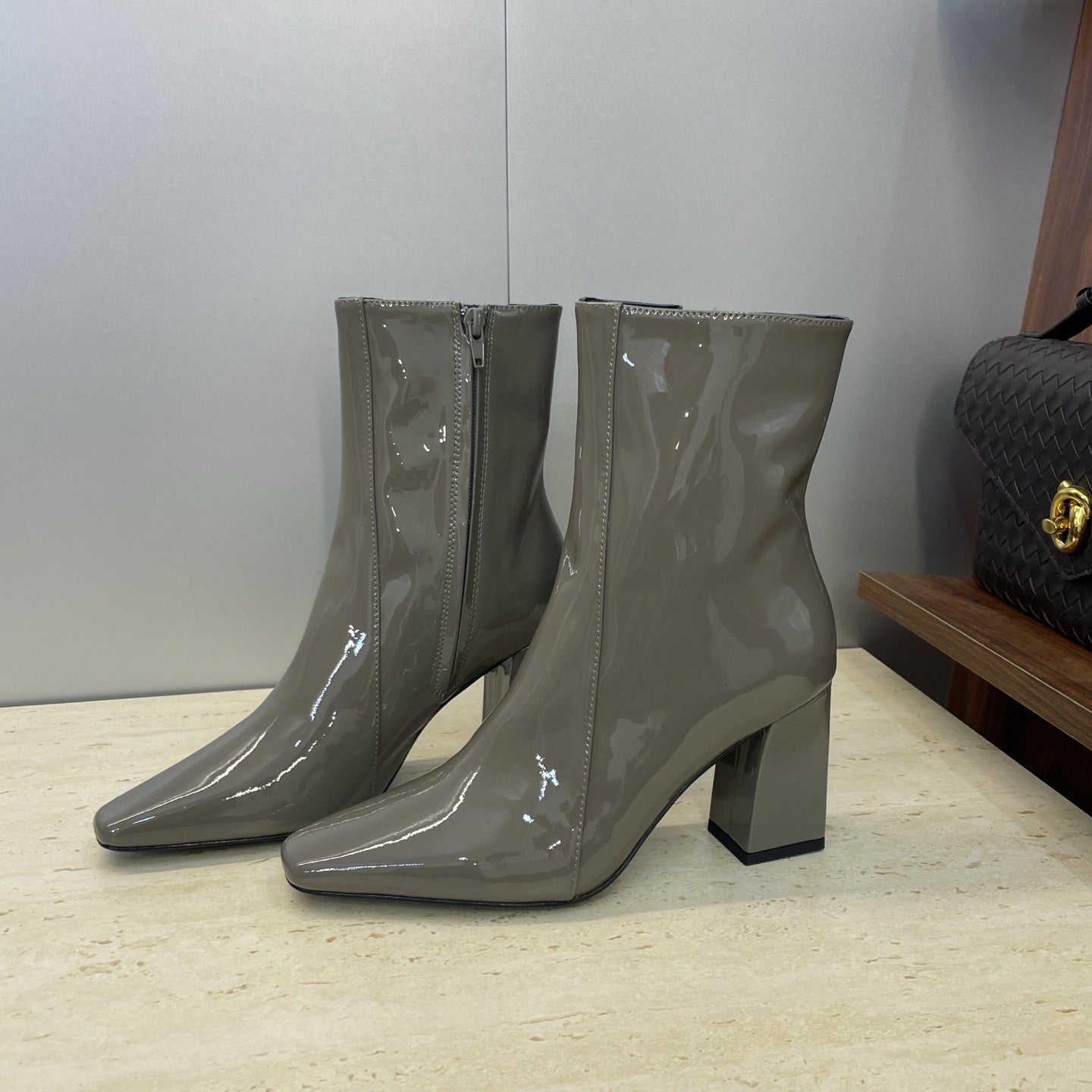 YSL Maxine Boots 75mm Taupe Patent Leather 551929
