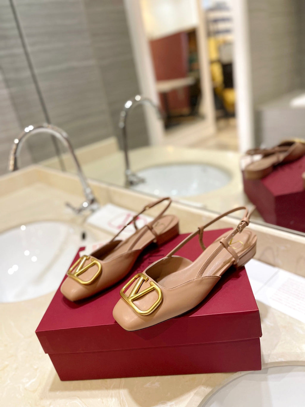 VLOGO BEIGE LEATHER SLINGBACK FLATS