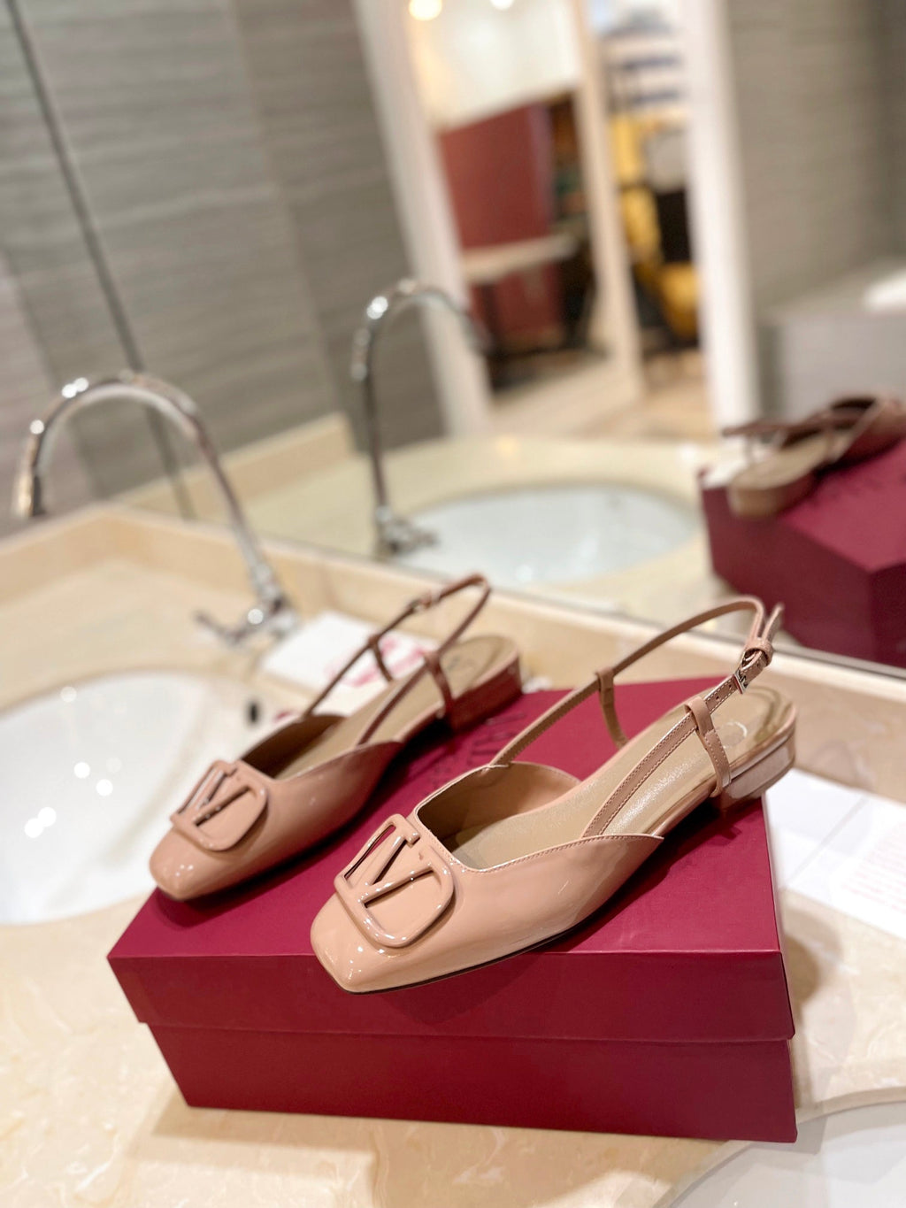VLOGO BEIGE PATENT LEATHER SLINGBACK FLATS