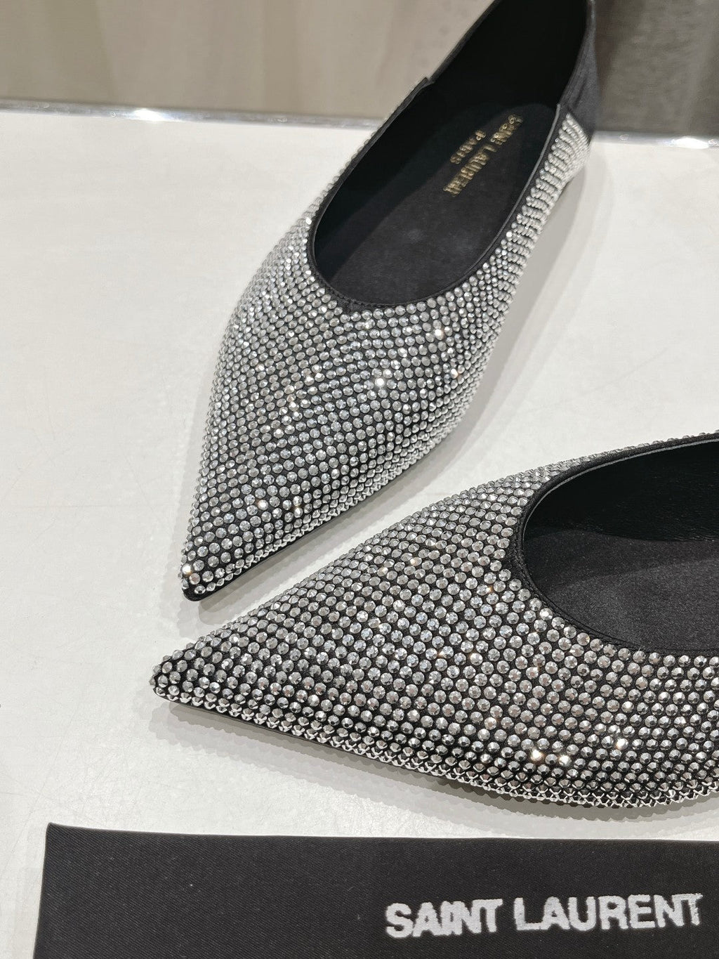 SL NOUR LEOPARD POINT TOE BALLET BLACK CRYSTAL SATIN