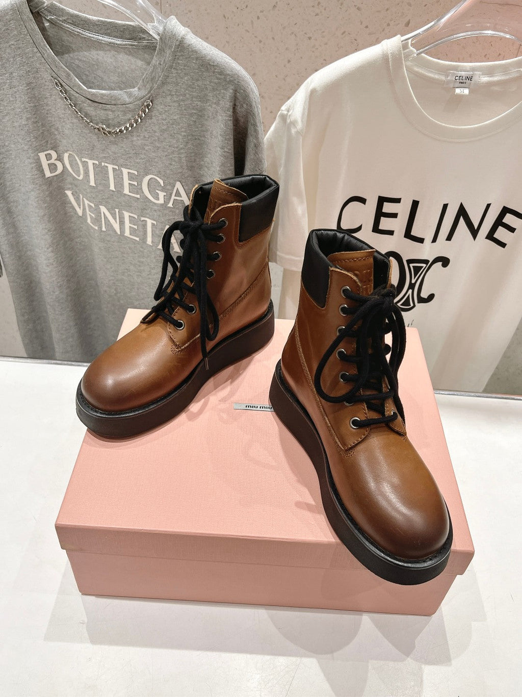 Miu Lace-Up Boots Vintage Brown Waxed Calfskin