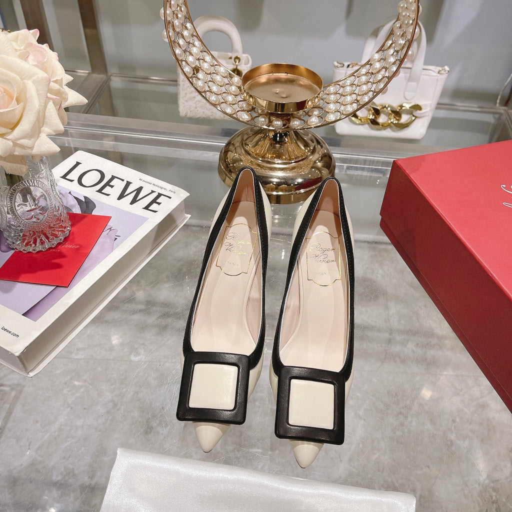 Belle Viv Metal Buckle Pumps 85 White Black Patent Leather