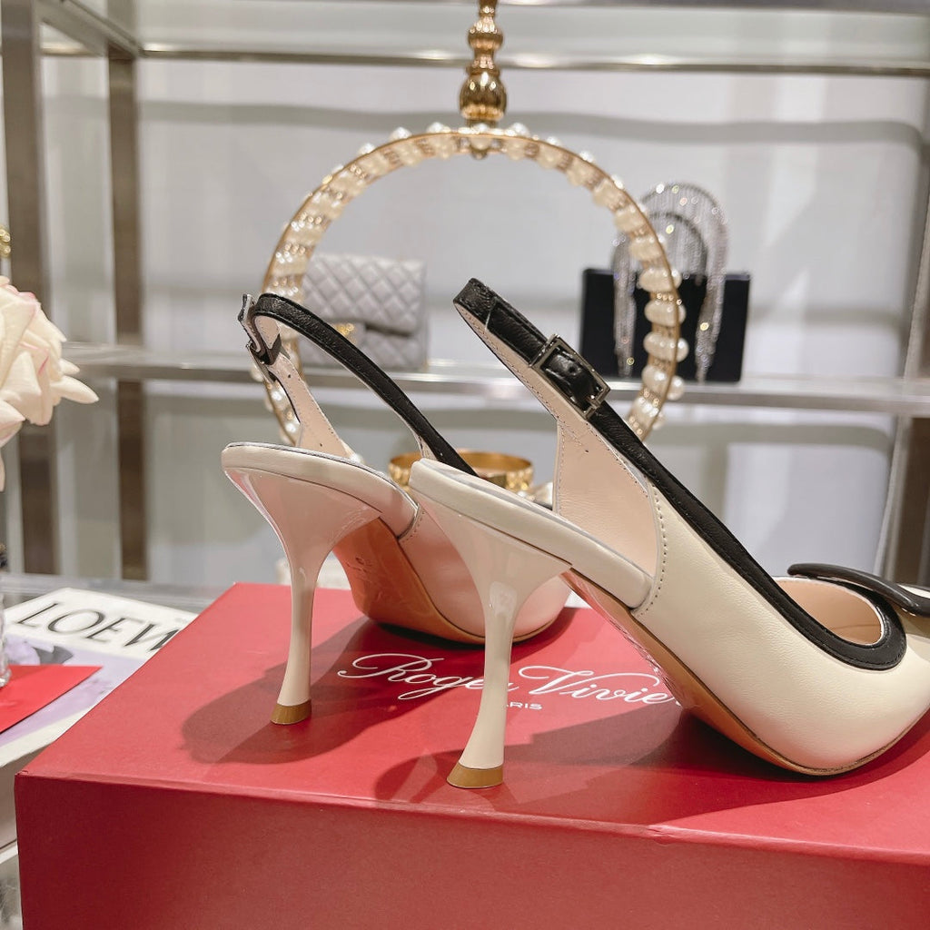 Belle Viv Metal Buckle Slingback Pumps 85 White Black Patent Leather