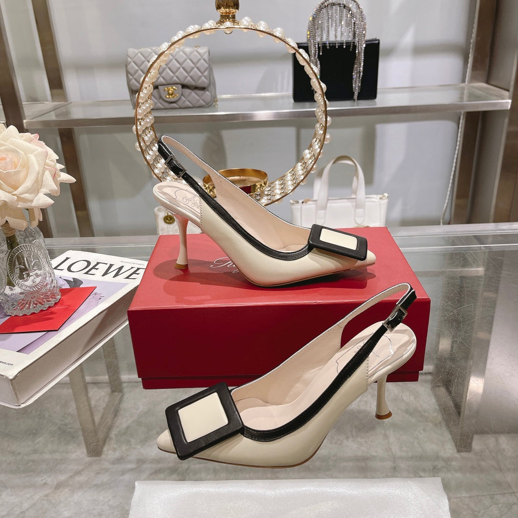 Belle Viv Metal Buckle Slingback Pumps 85 White Black Patent Leather