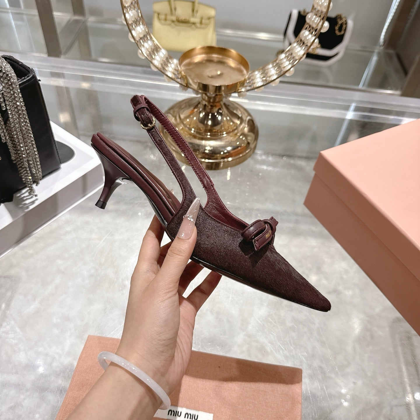 Miu 26 High Heel Slingback 45 Burgundy Suede Leather 592096