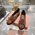Miu 26 Ballet Flats with Crystal Rhinestones Brown Silk Satin 592105