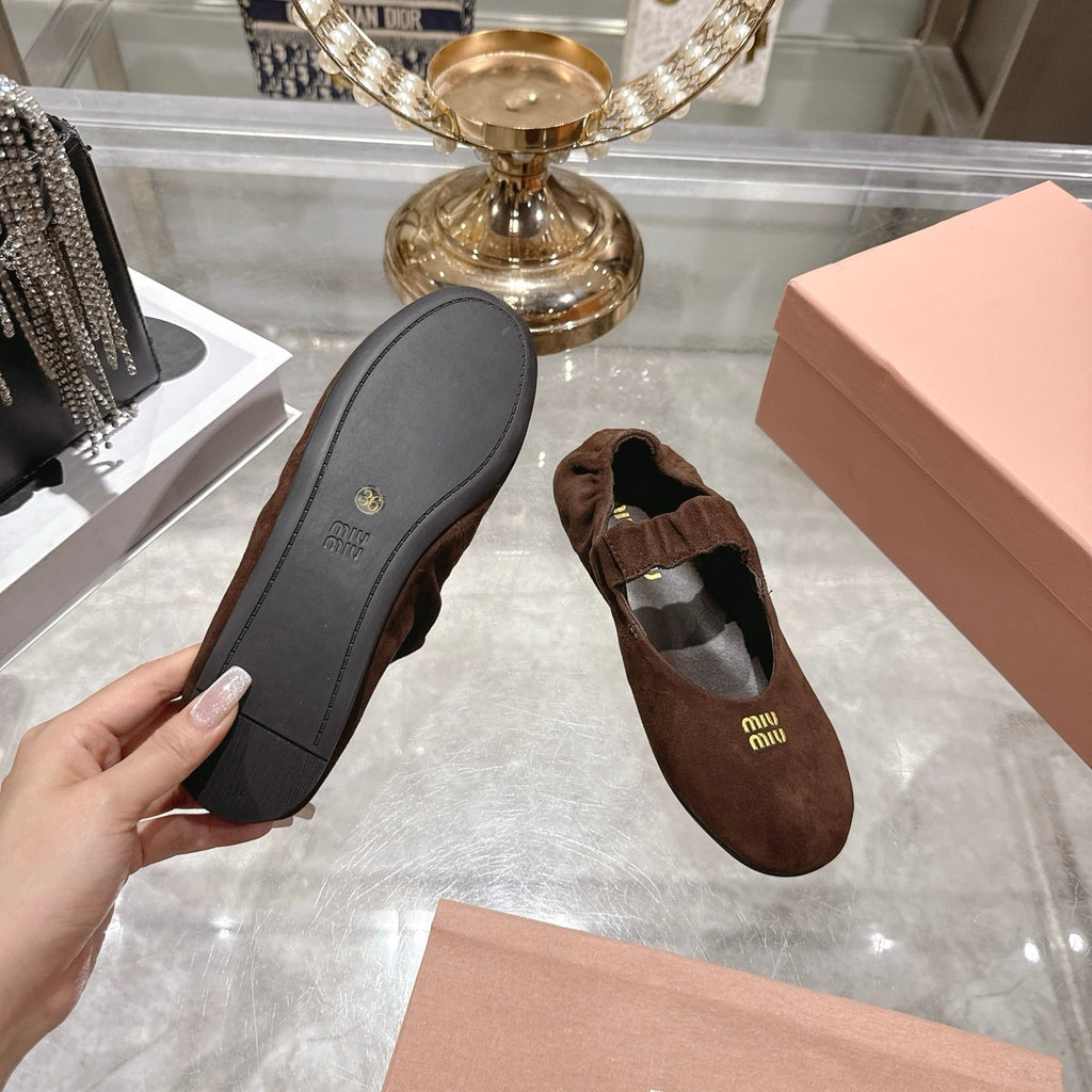 Miu 26s Mary Jane Flats In Dark Brown Suede Elastic Strap