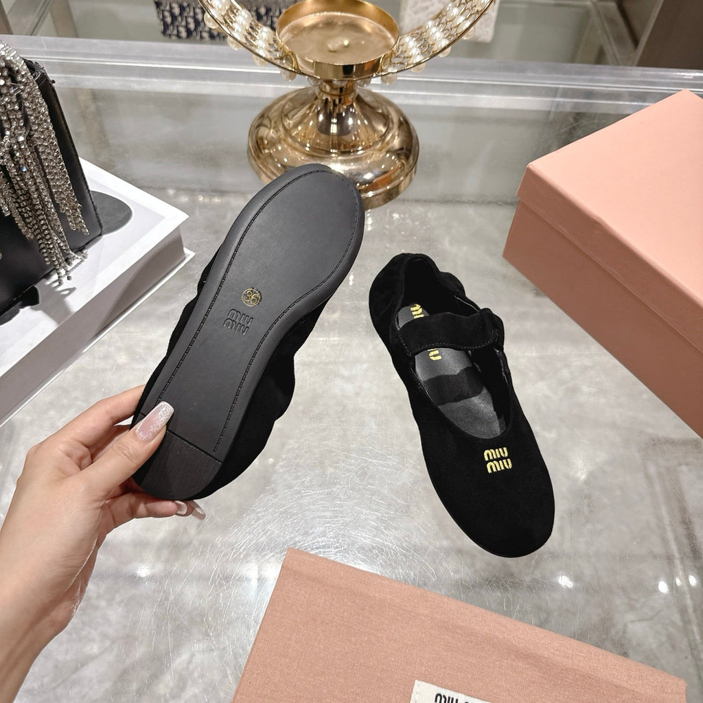 Miu 26s Mary Jane Flats In Black Suede Elastic Strap