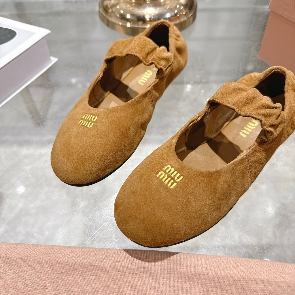 Miu 26s Mary Jane Flats In Brown Suede Elastic Strap