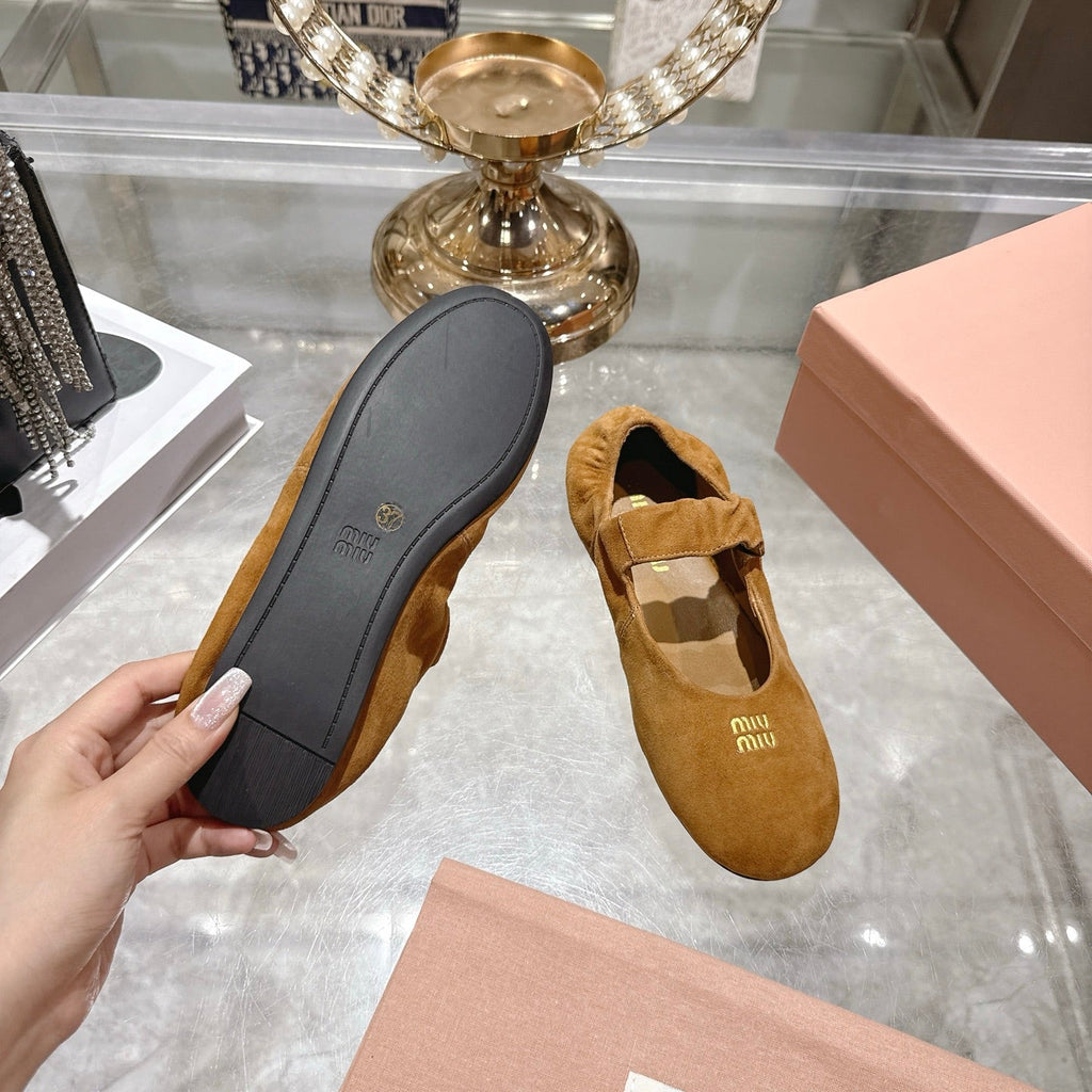 Miu 26s Mary Jane Flats In Brown Suede Elastic Strap