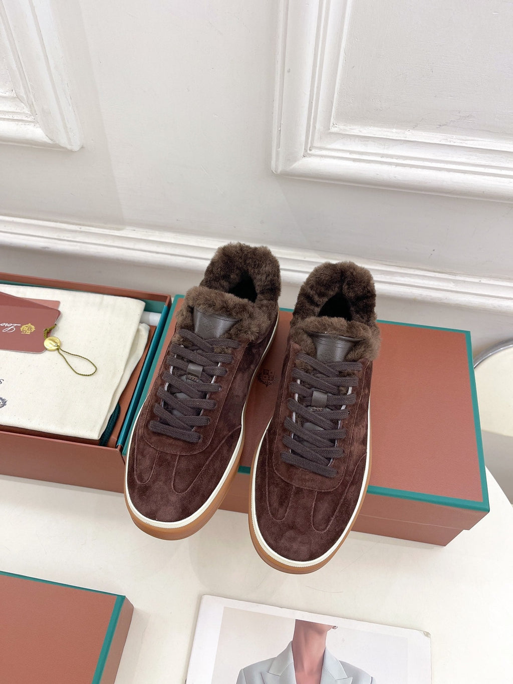 LP Tennis Walk Sneaker In Earth Brown Suede Lined With Wool Fleece 988266