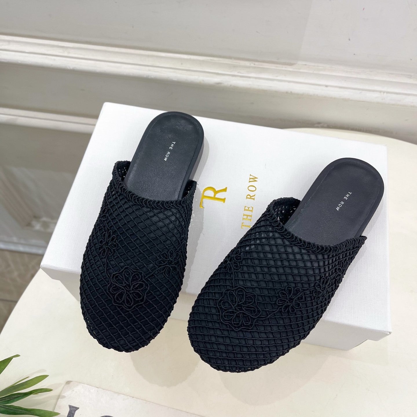 The Row  Slide Mules Black Mesh And Sheepskin 325555