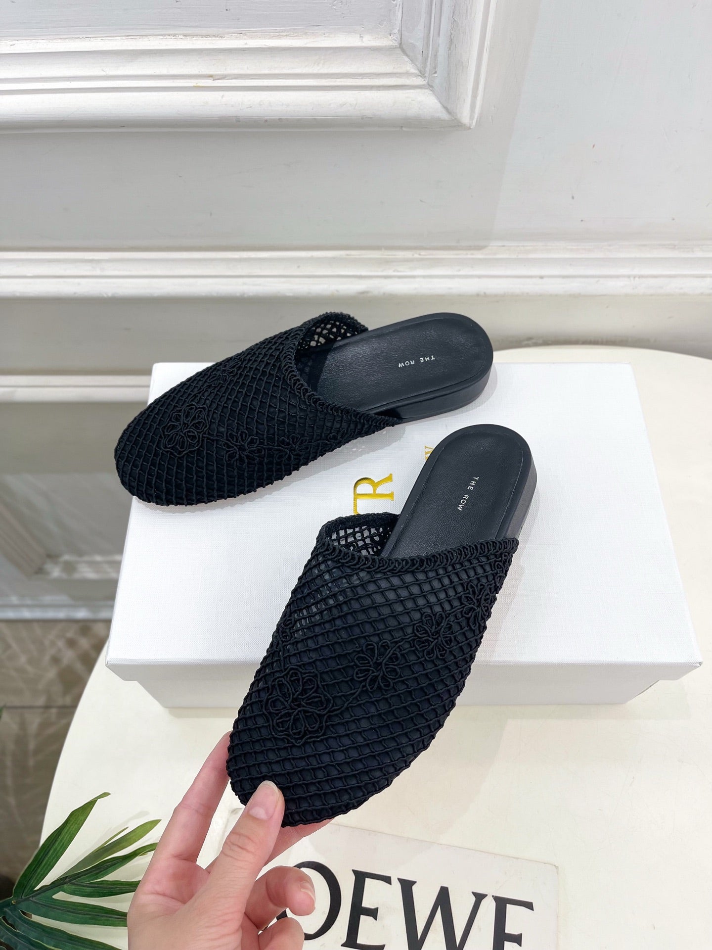 The Row  Slide Mules Black Mesh And Sheepskin 325555